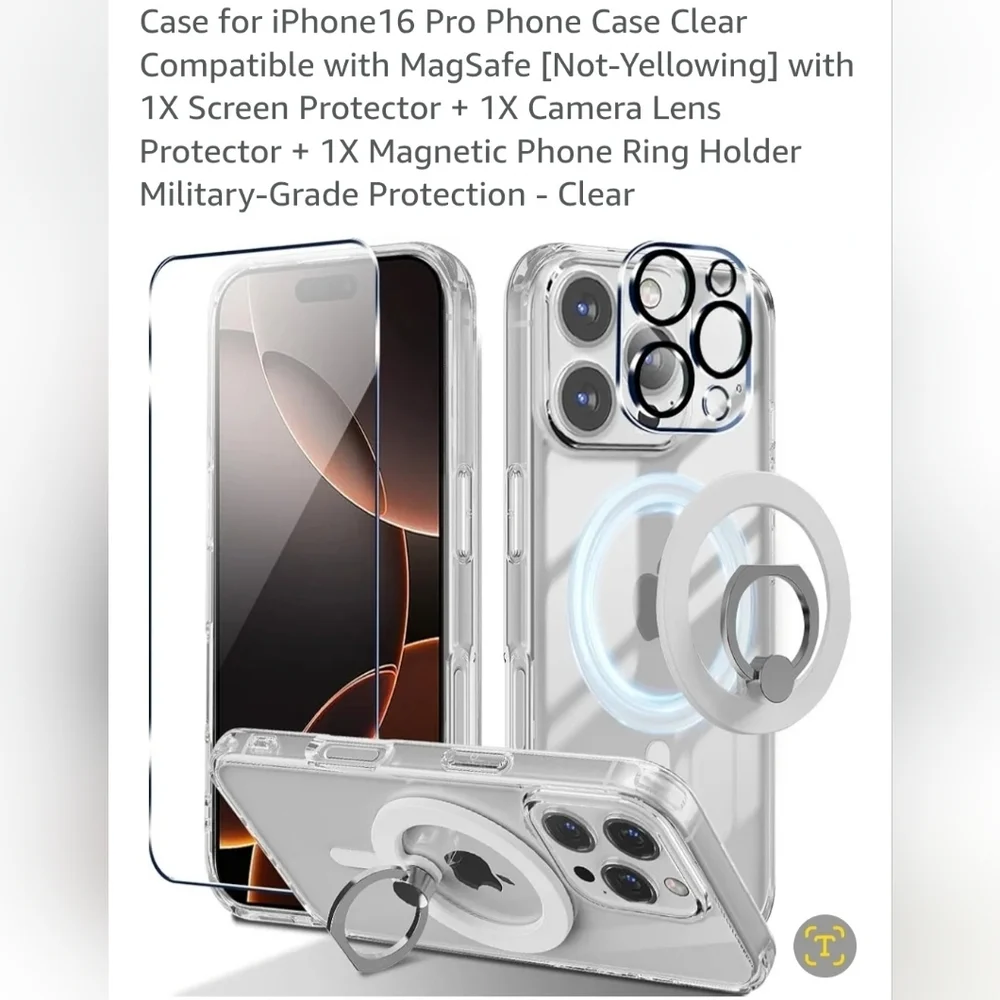 Clear Protective Phone Case with Magnetic Ring Holder For IPhone 16 Pro